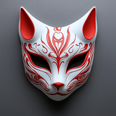 Red 3D printed fox mask with pointed ears and Japanese Kitsune-inspired facial details.