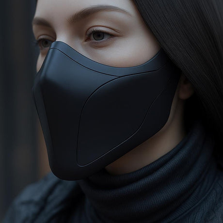 Close-up of a woman wearing a matte black 3D printed half-face mask with sleek curved lines.