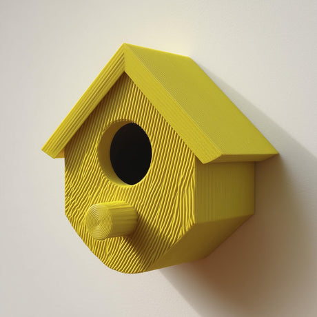 3D printed birdhouse with round entrance and cylindrical perch made of matte PLA plastic.