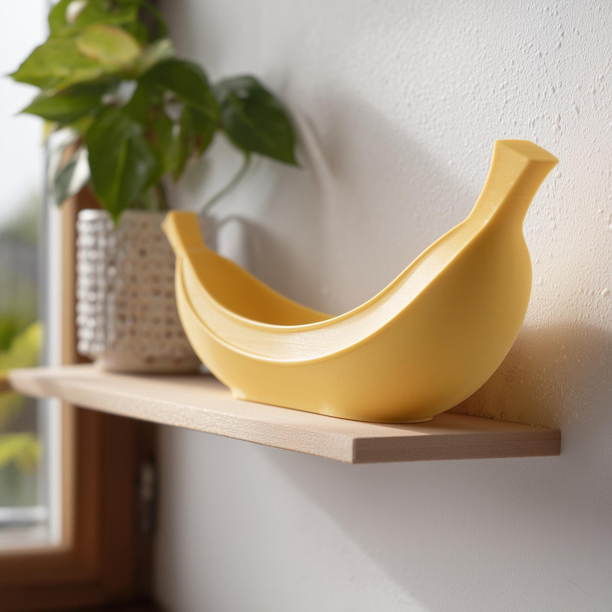 Yellow 3D printed banana-shaped catchall bowl with a curved boat-like form.