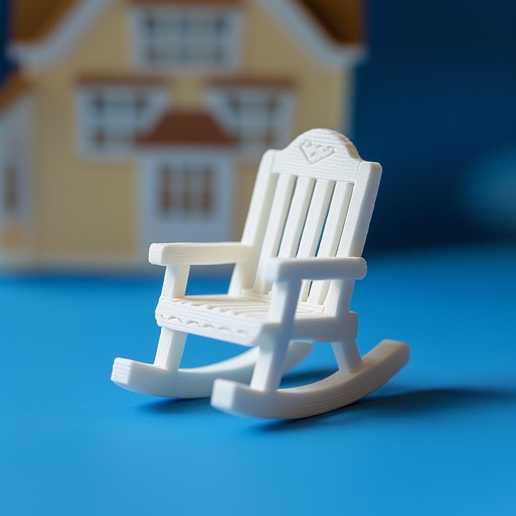 Alternate product presentation of 3D Printed 1:12 Miniature Rocking Chair.