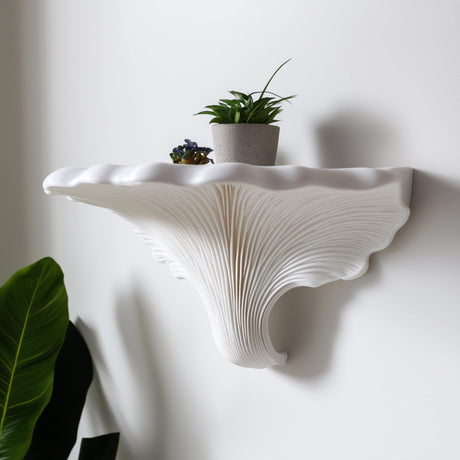 3D printed white shelf inspired by Turkey Tail mushroom.