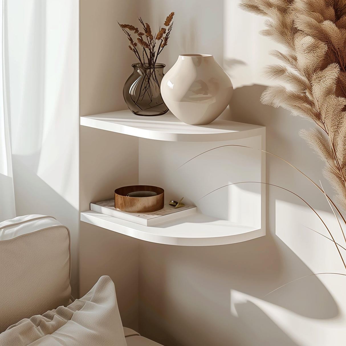 3D printed corner wall shelf in matte white PLA.