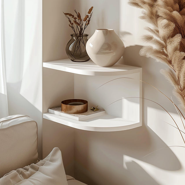 3D printed corner wall shelf in matte white PLA.