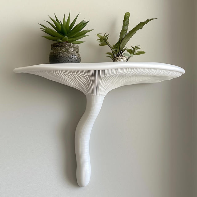 3D printed Artist's Conk mushroom wall shelf with a layered curved form and compact ledge.
