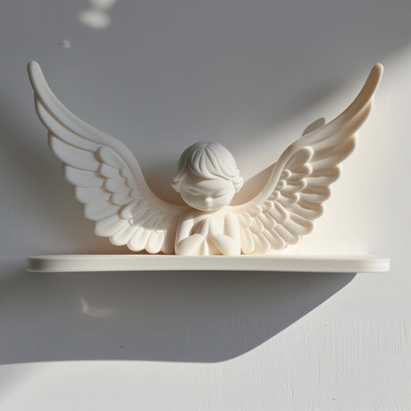 3D printed wall shelf with a minimalist praying angel figure and wide wings and matte white PLA.