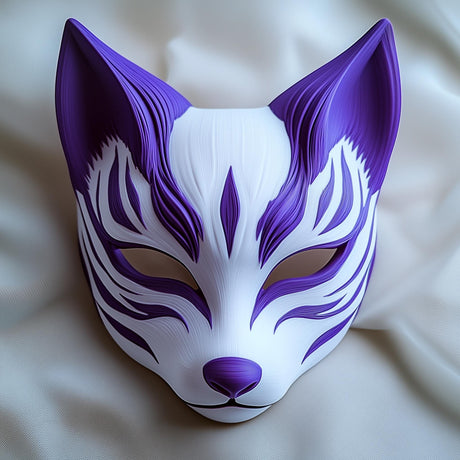 3D printed Kitsune fox mask with pointed ears, narrow eye openings and Japanese-inspired details.