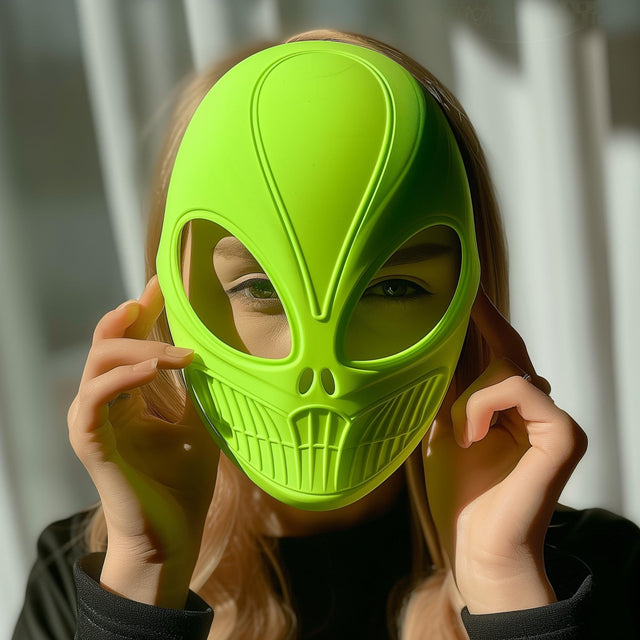 3D printed bright green alien mask with futuristic design, worn by an adult.