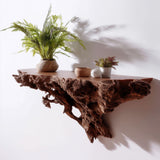 3D printed tree-root floating wall shelf with a gnarled sculptural base and small top ledge.
