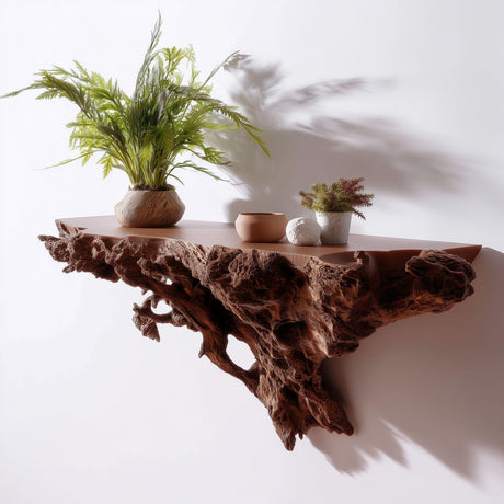 3D printed tree-root floating wall shelf with a gnarled sculptural base and small top ledge.