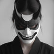 3D printed Japanese Oni samurai mask with horns, fangs and a fierce demon expression.