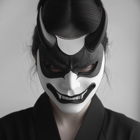 3D printed Japanese Oni samurai mask with horns, fangs and a fierce demon expression.