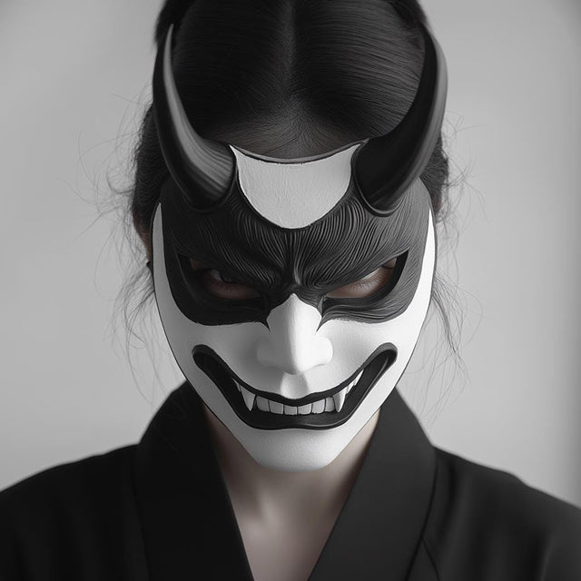 3D printed Japanese Oni samurai mask with horns, fangs and a fierce demon expression.