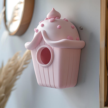 3D printed wall hanging shaped like a cupcake-style birdhouse.