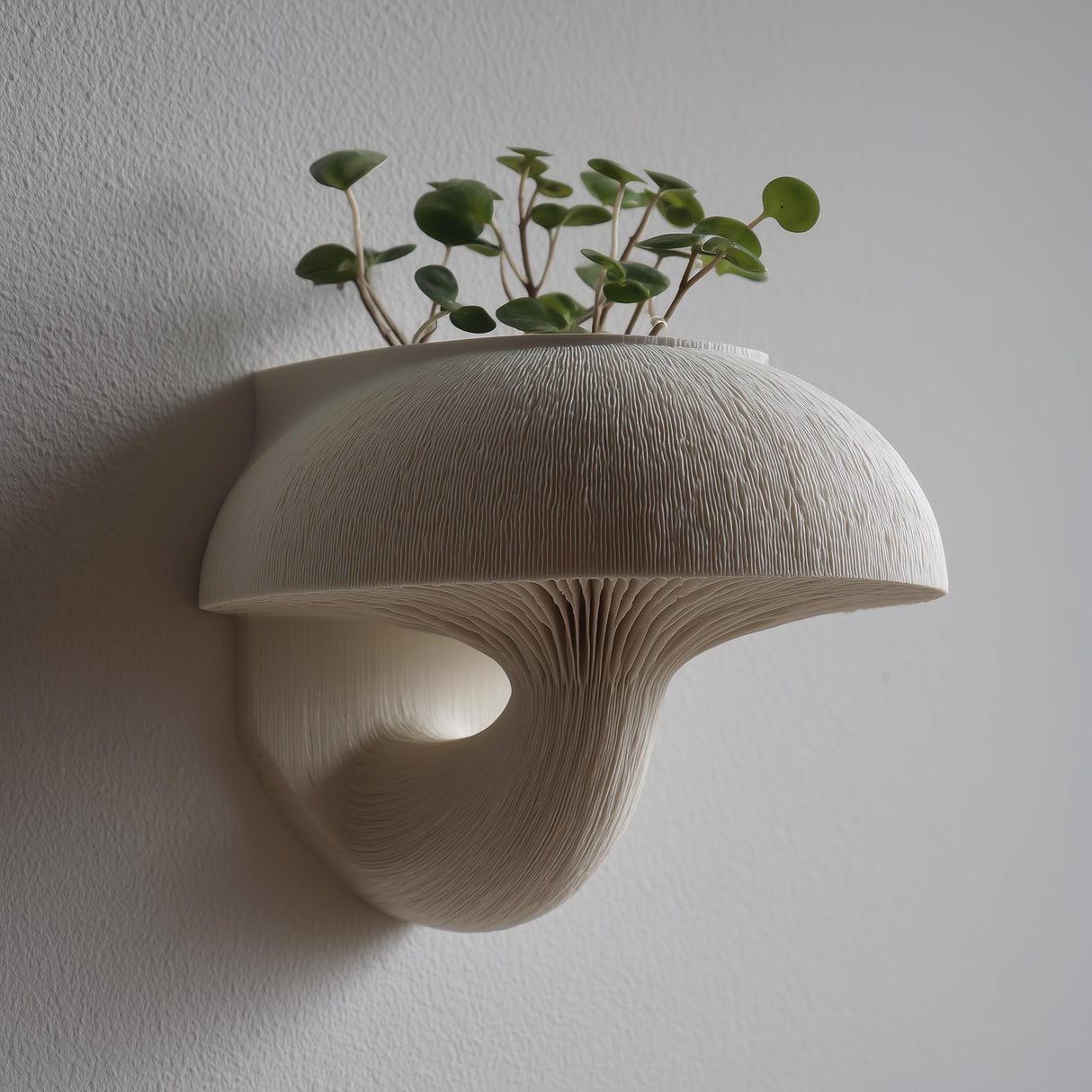 3D printed wall-mounted mushroom planter shelf in matte light PLA with finely ribbed cap and gills.