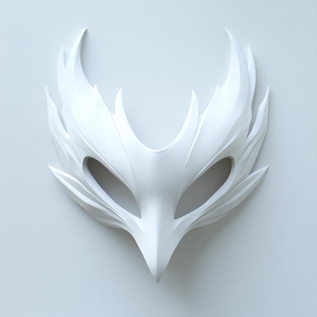 3D printed raven-inspired bird mask with a long beak and elegant feathered masquerade details.