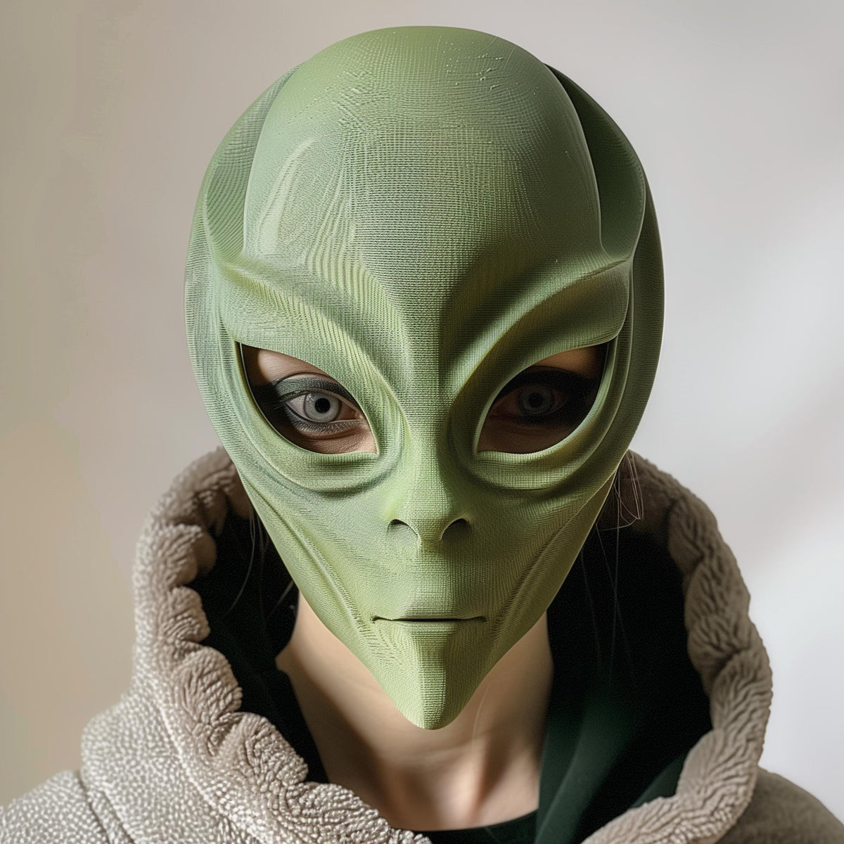 3D printed alien face mask with smooth organic shape, worn by an adult model indoors.