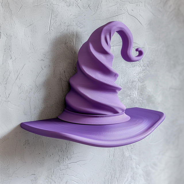 3D printed wall shelf shaped like a twisted purple wizard hat and matte PLA texture.