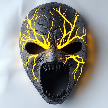 3D printed demon mask with a cracked stone texture and lightning-shaped facial detail.