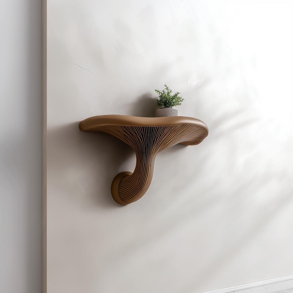Product display view of 3D Printed Mushroom Wall Shelf.