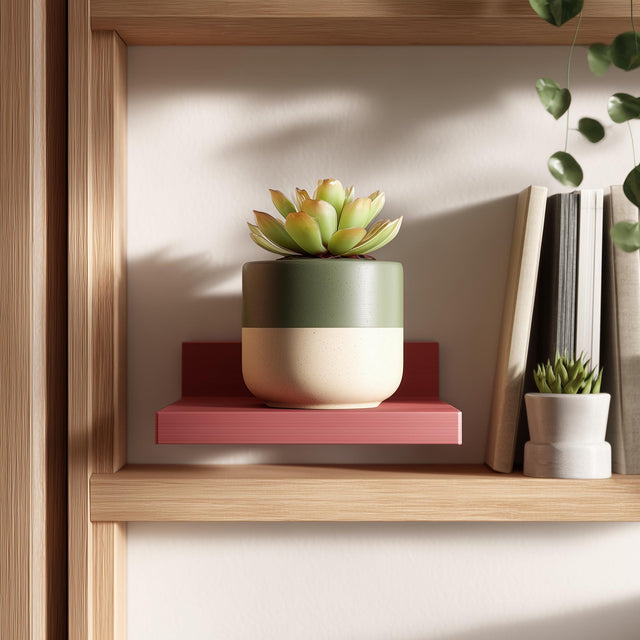 Minimal 3D printed wall shelf used as a small floating ledge for a potted plant.