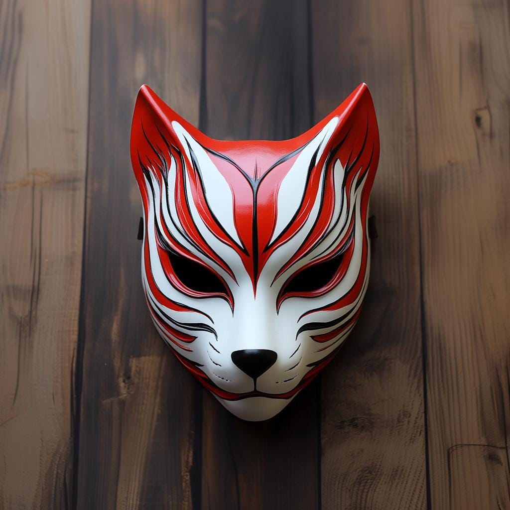 Alternate product presentation of 3D Printed Japanese Fox Warrior Mask.