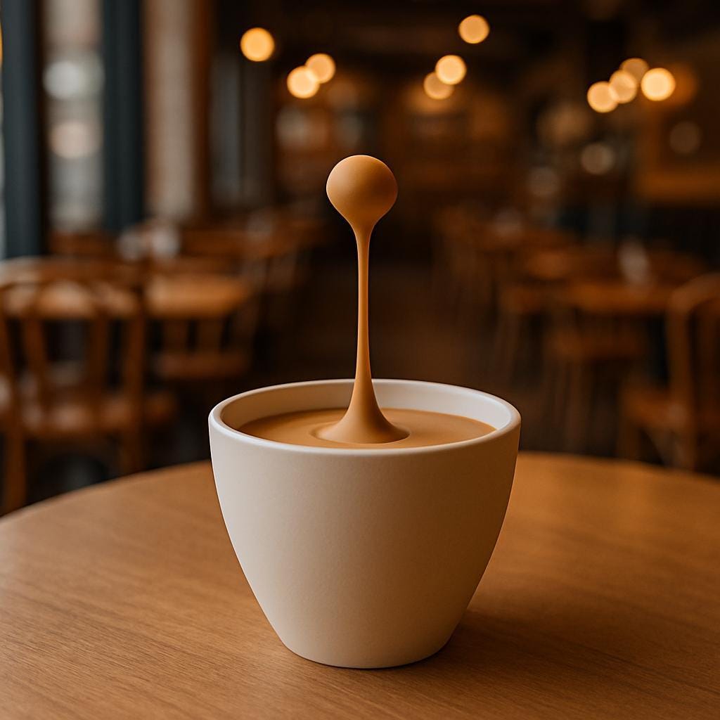 3D printed floating espresso sculpture with a suspended macchiato drop above a small cup.