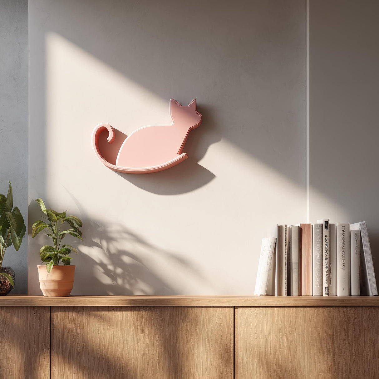 3D printed wall shelf in the shape of a cat, displayed in pink above a wooden cabinet with plants and books.
