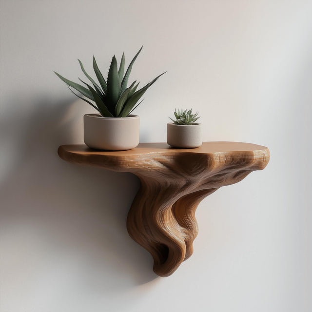 3D printed tree-root wall shelf with branching organic supports and a compact display surface.
