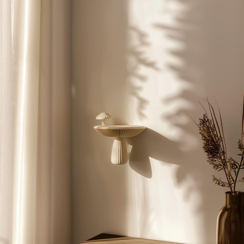 3D Printed Organic Mushroom Wall Shelf shown in the product image.