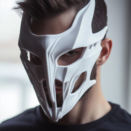 Angular white 3D printed full-face mask with narrow eye openings and futuristic contours.