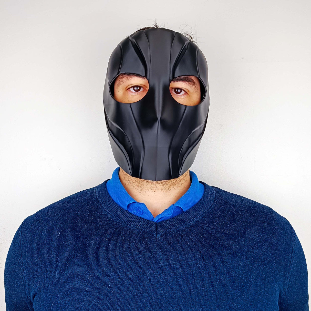 Product presentation view of 3D Printed Black Tactical Full Face Mask.