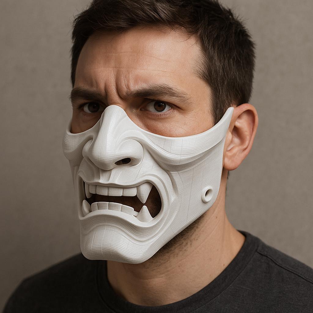 A man wearing a white 3D-printed half-face mask with a fierce, snarling expression and visible fangs.
