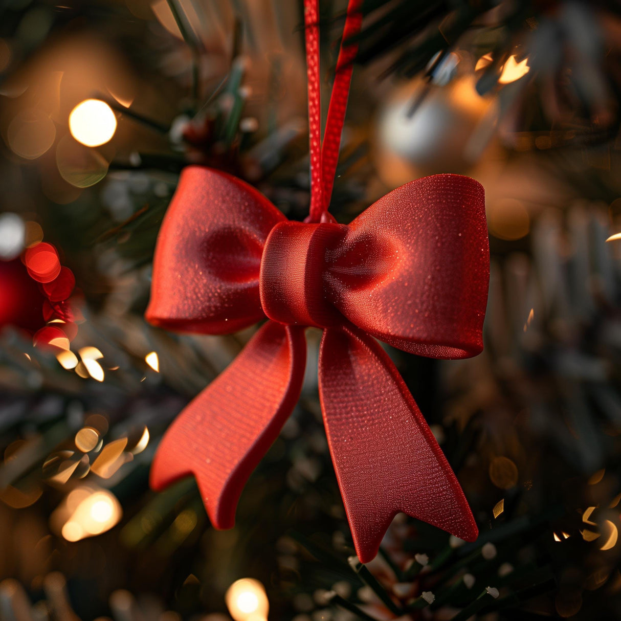 3D printed red bow Christmas tree ornament hanging from a branch and matte PLA texture.