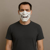 Product presentation view of 3D Printed Oni Samurai Half Face Mask.