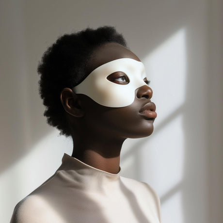 Adult person wearing a minimalist white 3D printed eye mask.