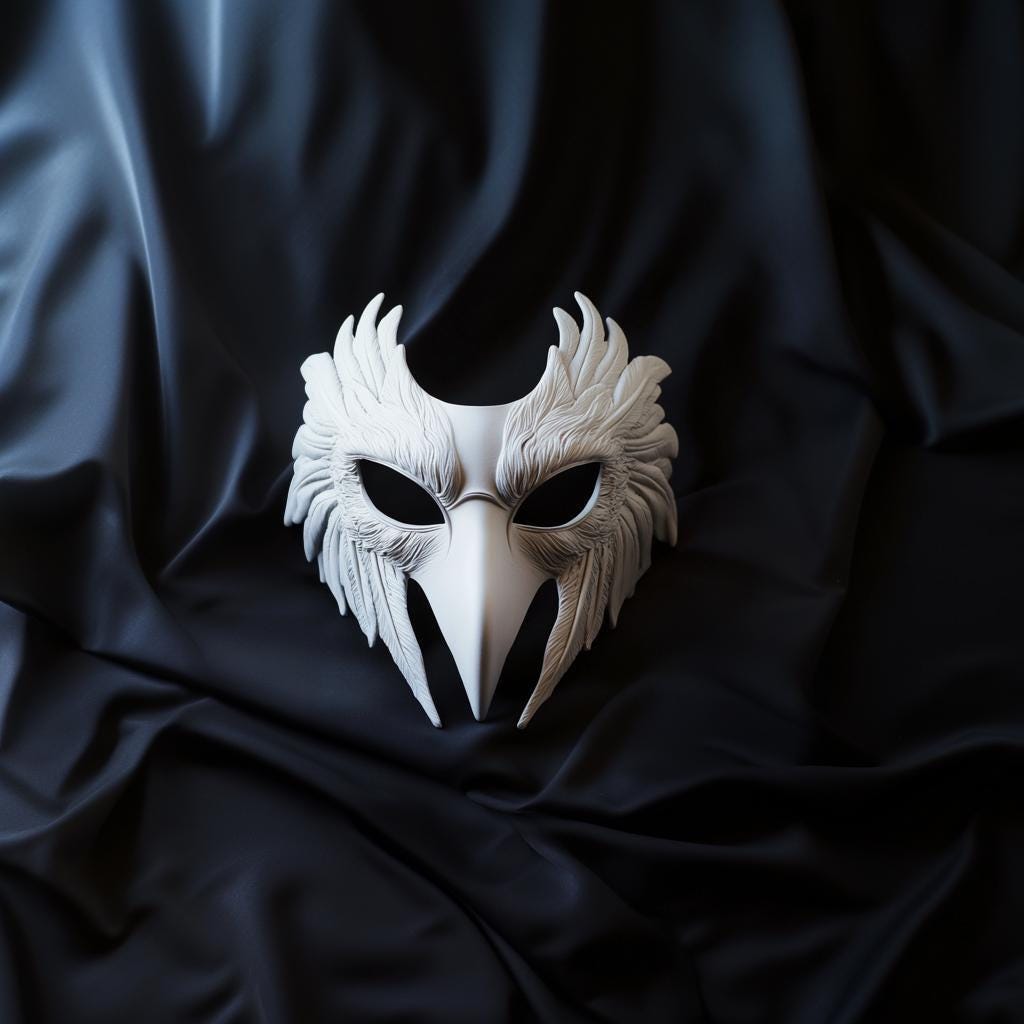 Product presentation view of Bird Mask | Feathered Raven Cosplay Mask | Halloween Costume Mask.