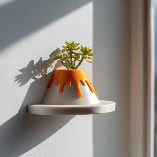 3D printed volcano-shaped wall planter on a small round shelf, with orange lava detail and a succulent plant inside.