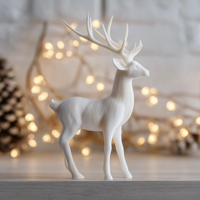 3D printed minimalist reindeer figurine made of matte PLA plastic.