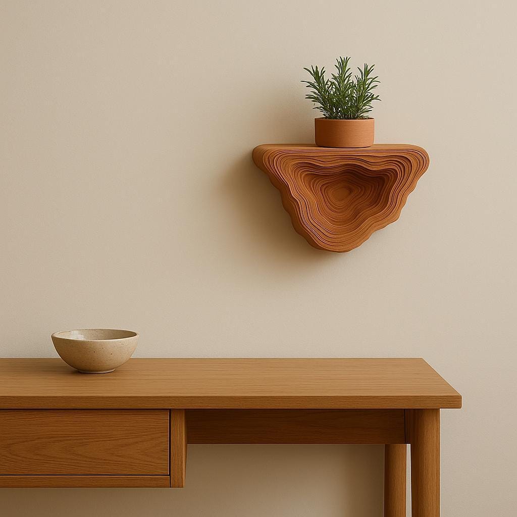 A sculptural 3D printed wall shelf in terracotta color with layered topographic design.