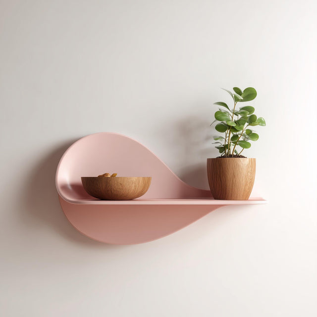 3D printed decorative wall shelf with abstract wavy shape in pastel pink.