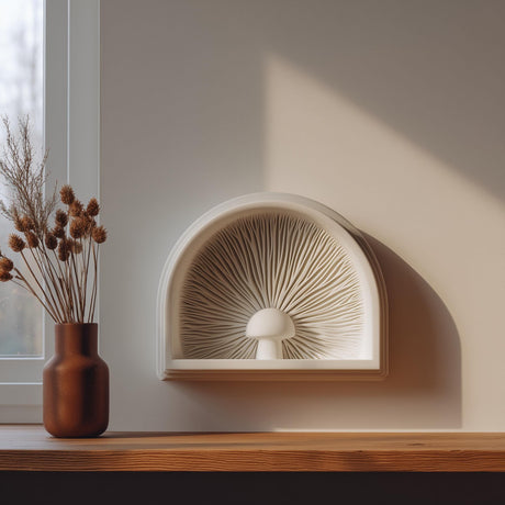 3D Printed Mushroom Niche Wall Shelf shown in the product image.
