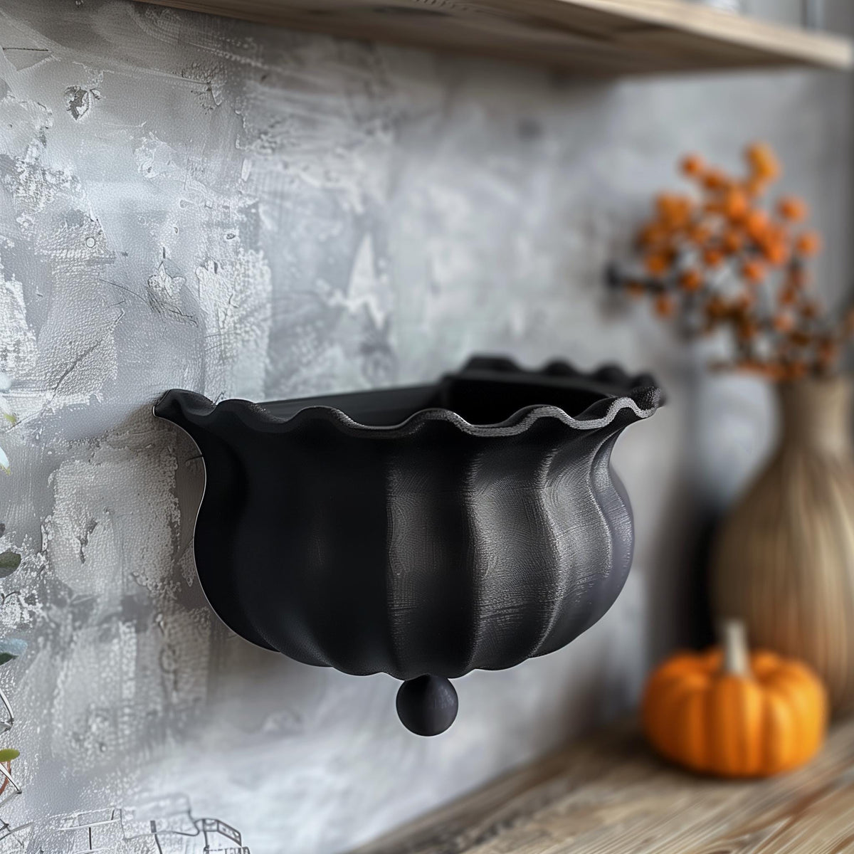 3D printed wall shelf shaped like a black witch cauldron with wavy rim and matte PLA texture.