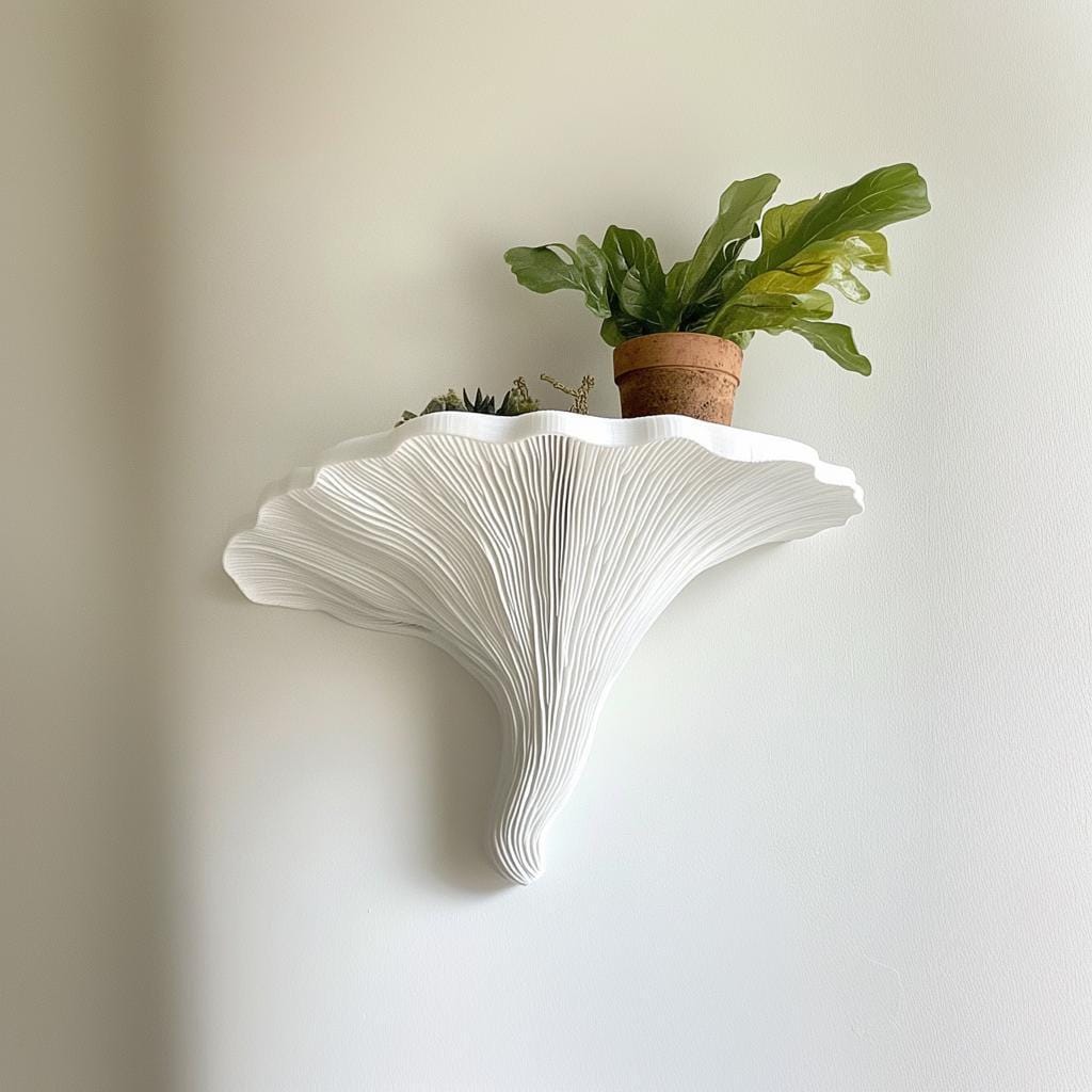 Product presentation view of 3D Printed Turkey Tail Mushroom Wall Shelf.