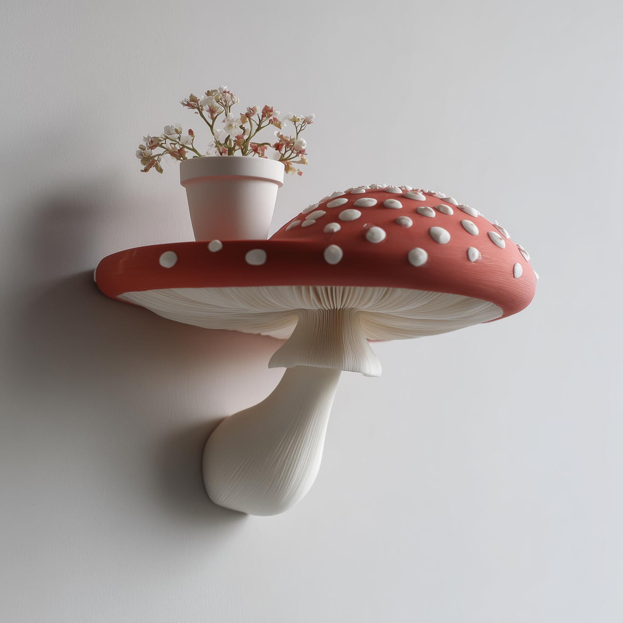 3D printed wall shelf shaped like a large red and white amanita mushroom with a flat spotted cap and sculpted gills.