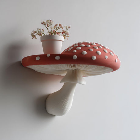 3D printed wall shelf shaped like a large red and white amanita mushroom with a flat spotted cap and sculpted gills.
