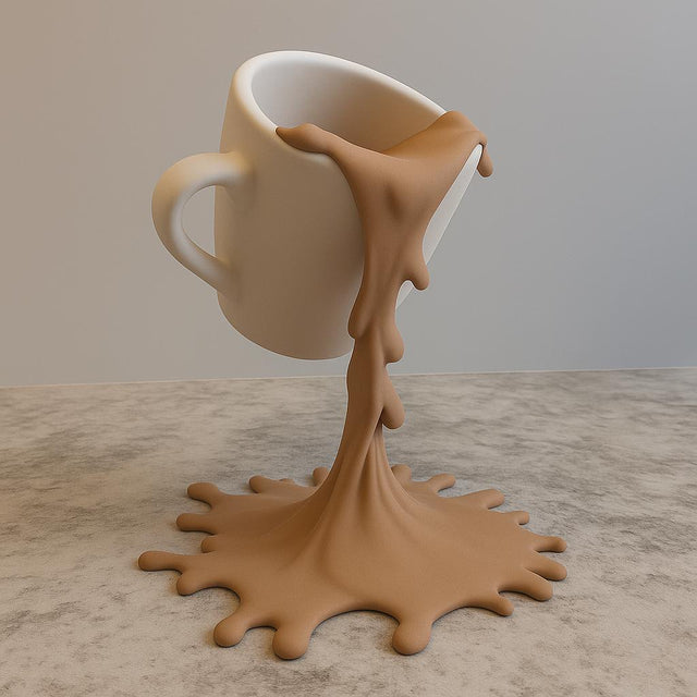 3D printed floating spilled-coffee cup sculpture with a suspended cup and splash-shaped base.