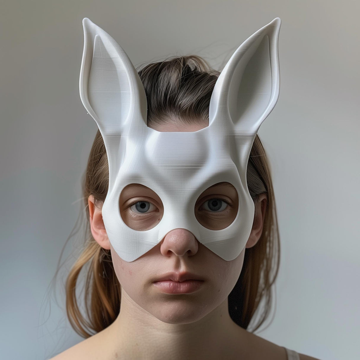 Adult model wearing a white 3D printed bunny mask with tall ears and smooth rounded facial contours.