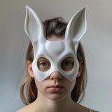 Adult model wearing a white 3D printed bunny mask with tall ears and smooth rounded facial contours.