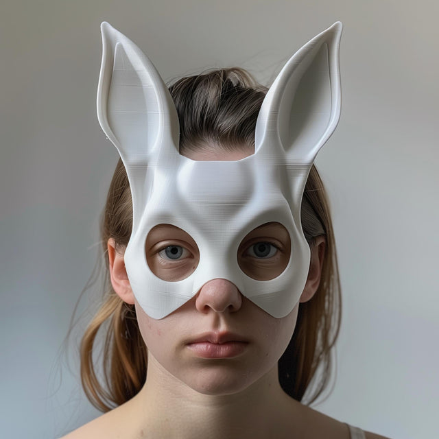 Adult model wearing a white 3D printed bunny mask with tall ears and smooth rounded facial contours.